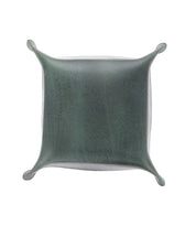 Square green leather Expanse Catchall Tray by Bed Stu with upturned corners, perfect for holding loose change and keys.