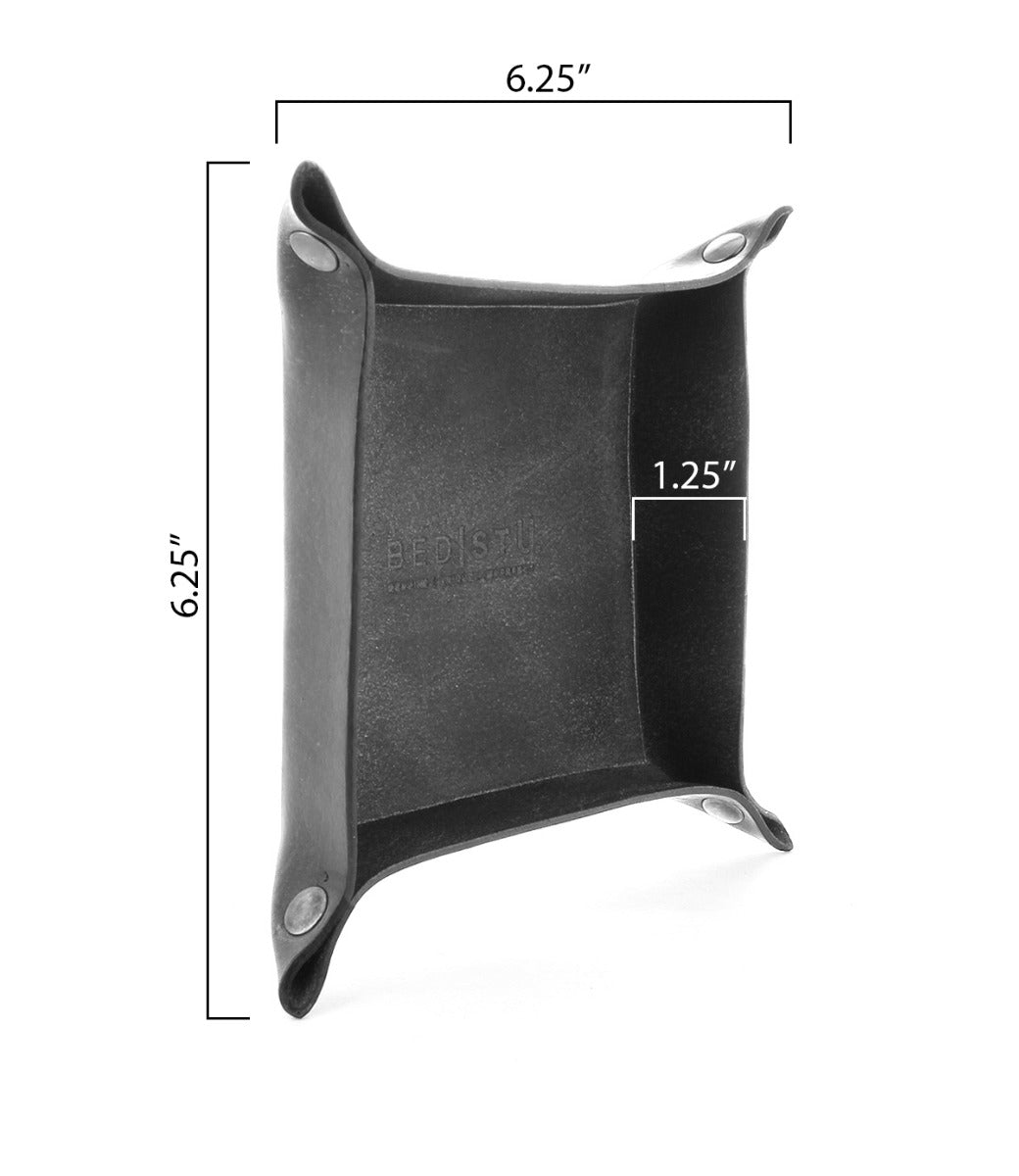 An image of an Expanse black leather tray with measurements by Bed Stu.