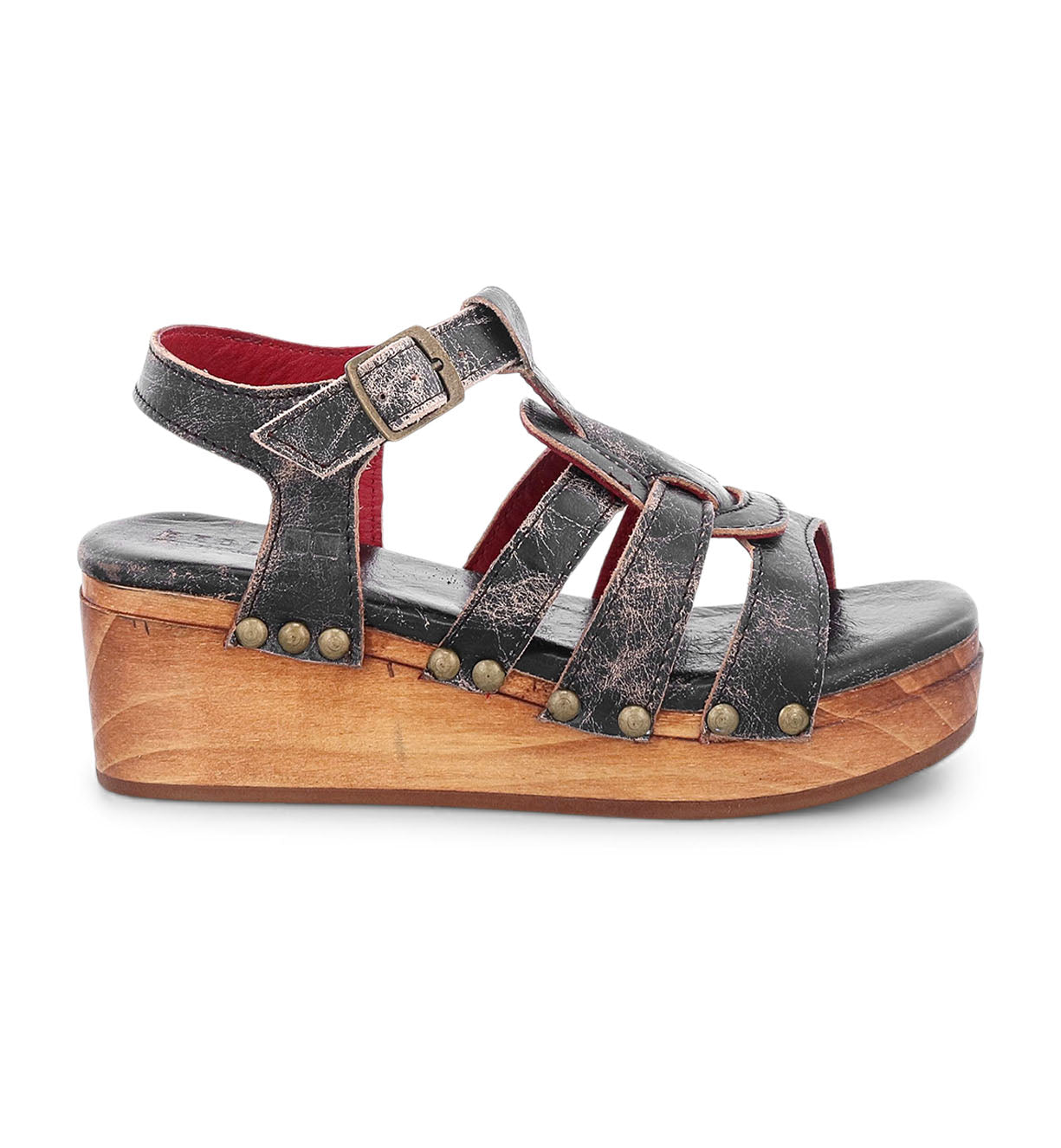 A women's distressed black leather Fabiola platform sandal with straps, by Bed Stu.