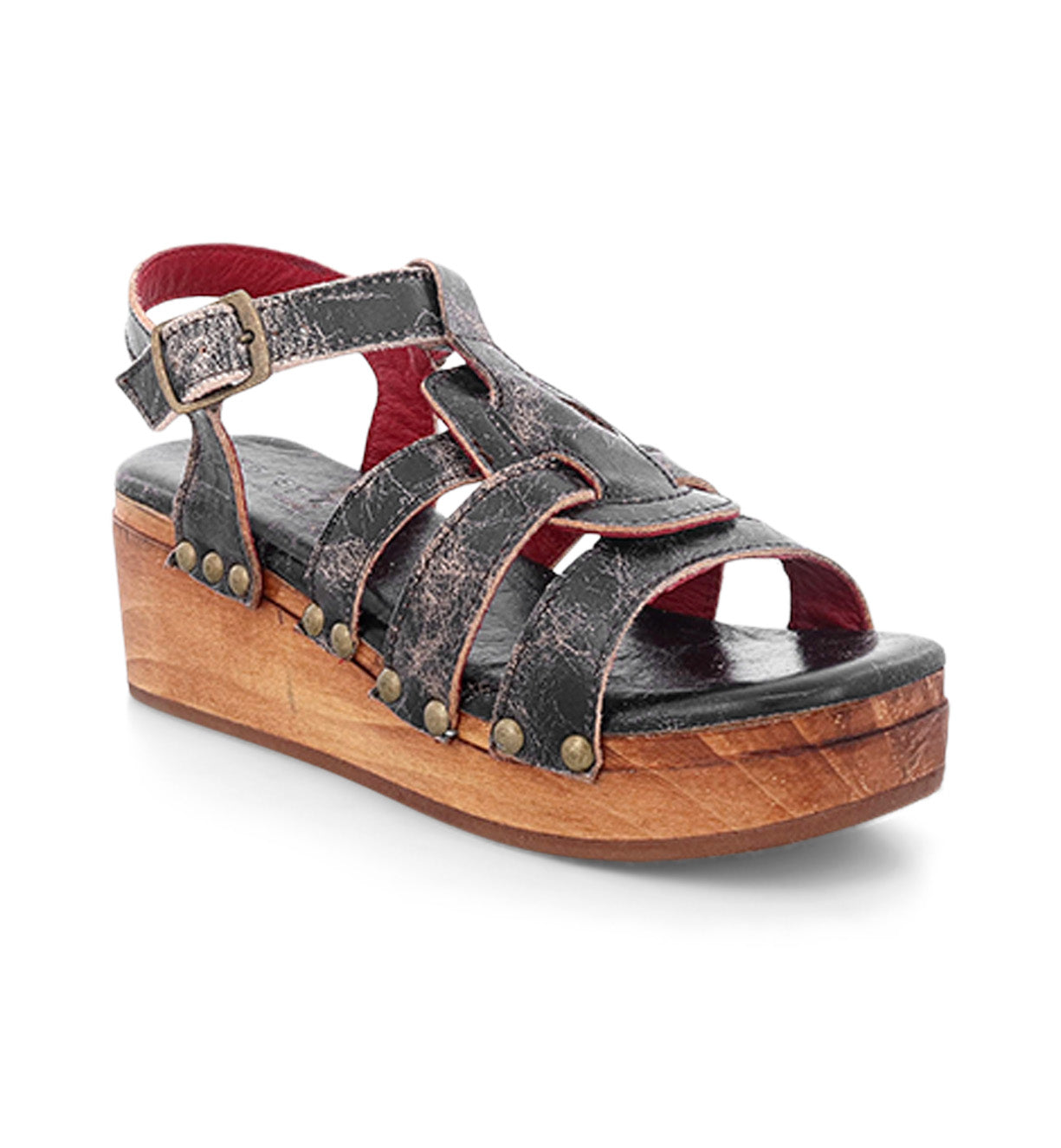 A women's black and wood platform sandal with straps called Fabiola by Bed Stu.