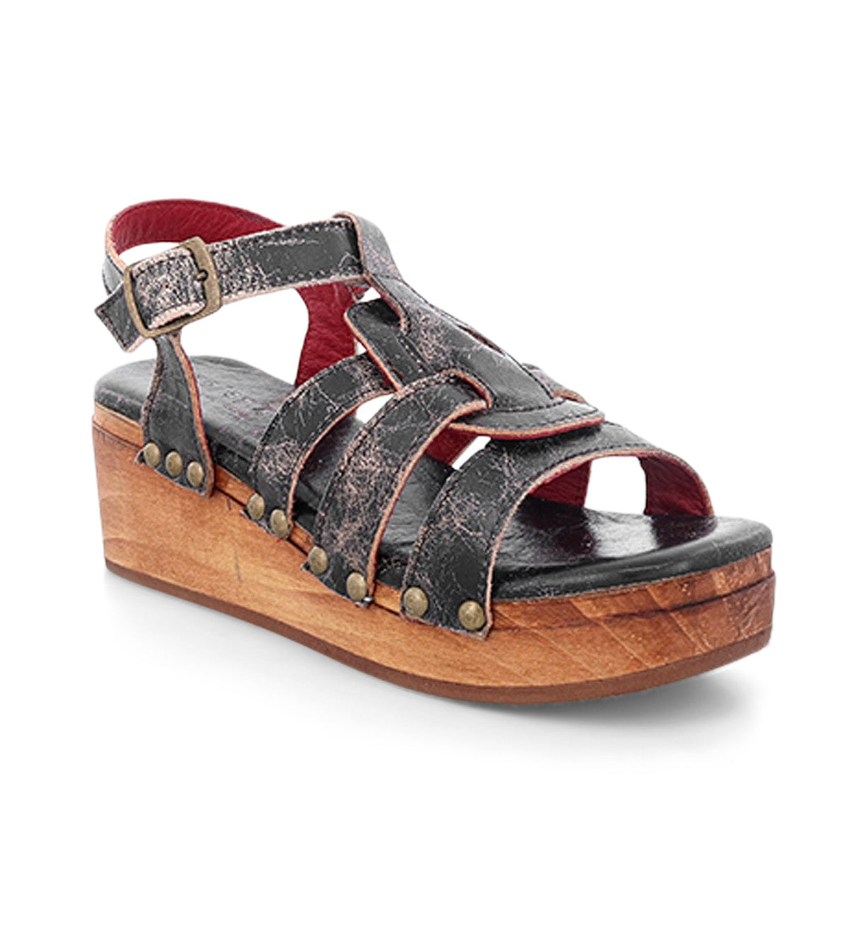 A women's black and wood platform sandal with straps called Fabiola by Bed Stu.