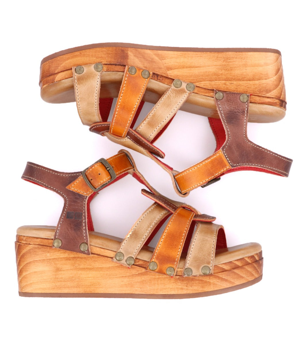 A pair of Fabiola sandals with straps and wooden soles by Bed Stu.