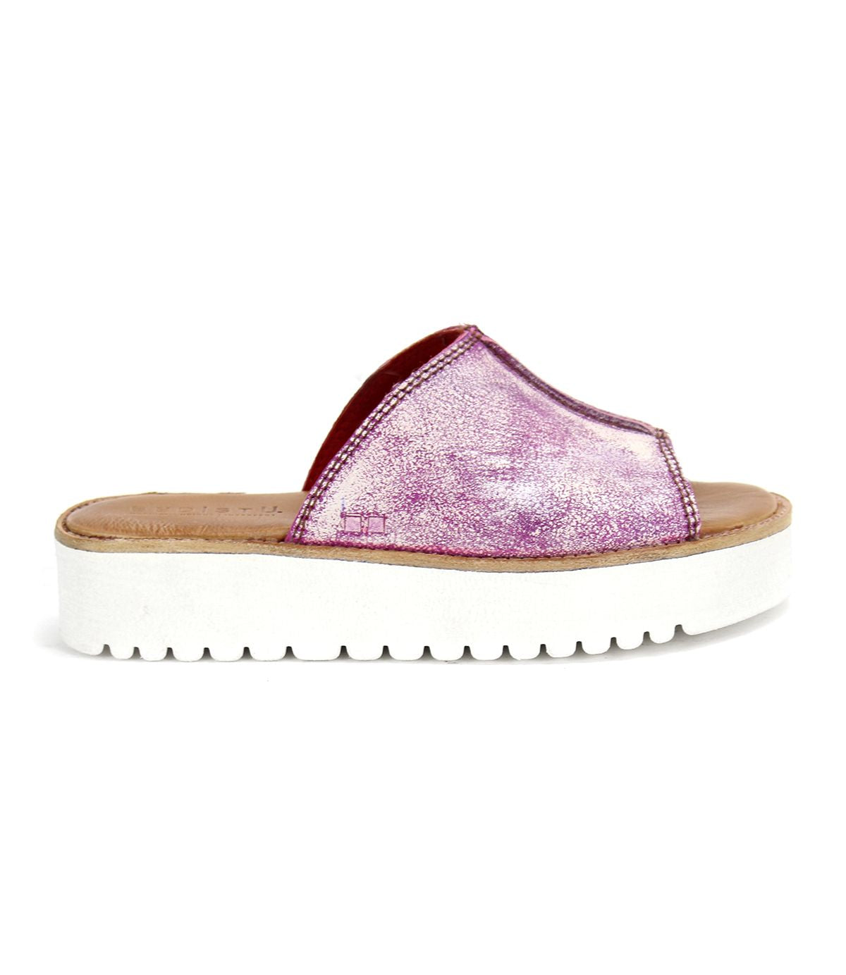 The Fairlee II slide sandal by Bed Stu features a glittery pink upper and a thick white platform sole with plush cushioning, showcased on a white background.