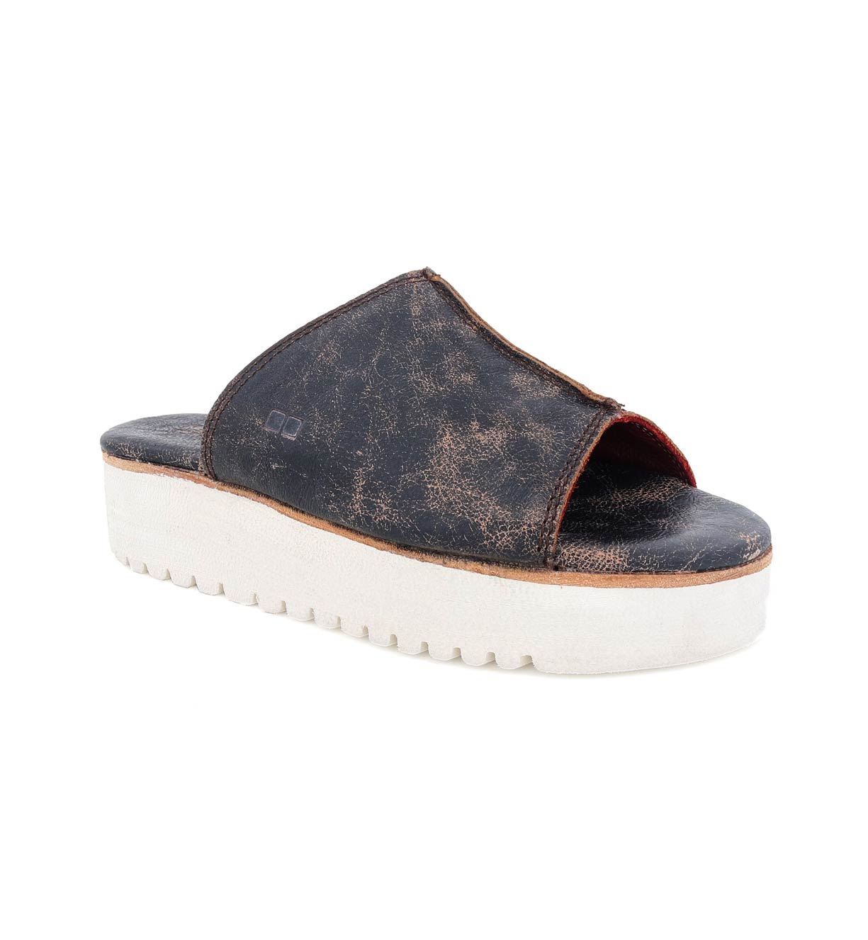 A women's Fairlee II black leather slide on sandal with a white outsole by Bed Stu.