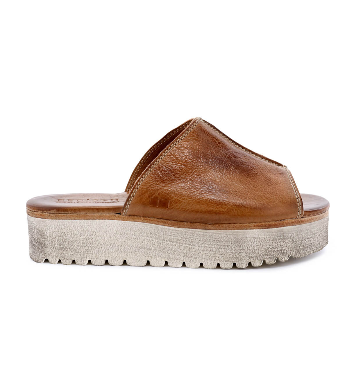 The Bed Stu Fairlee II women's tan leather slide sandals.