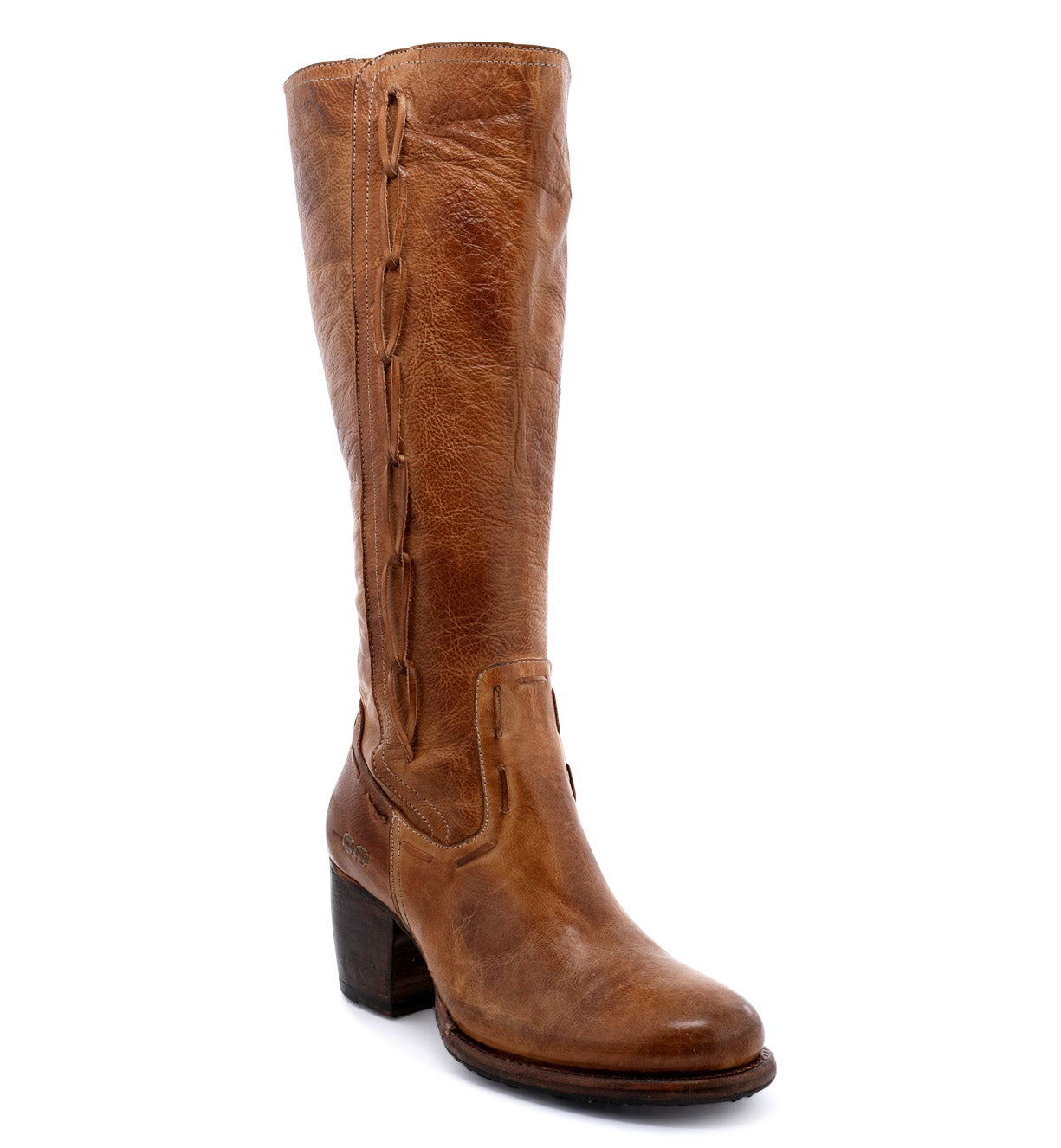 A women's tan leather Fate boot with a zipper on the side, made by Bed Stu.