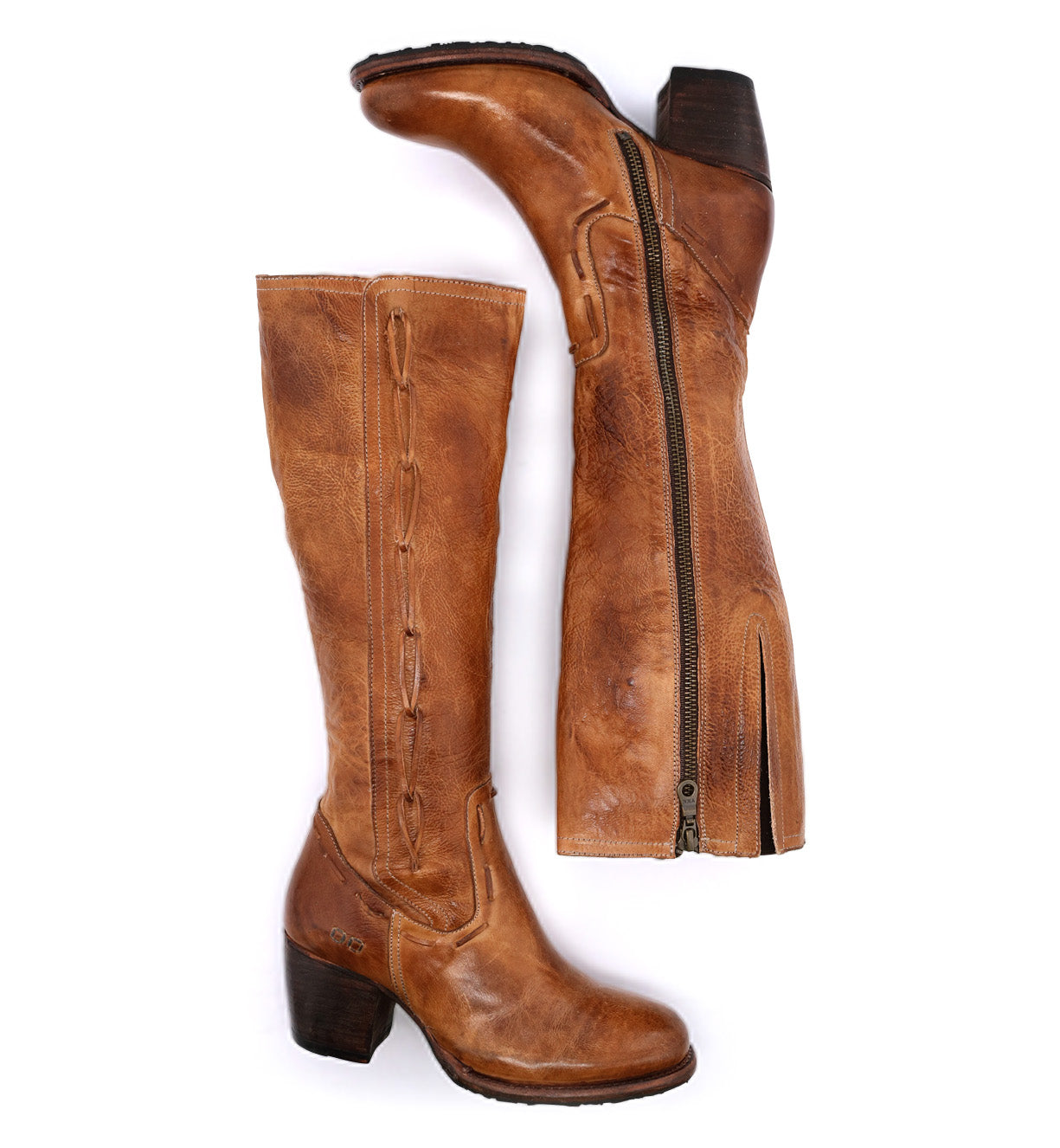 A pair of Bed Stu Fate boots with a zipper on the side.
