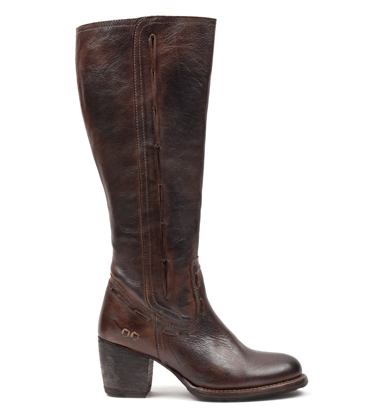 A women's teak leather Fate boot with a zipper on the side, made by Bed Stu.