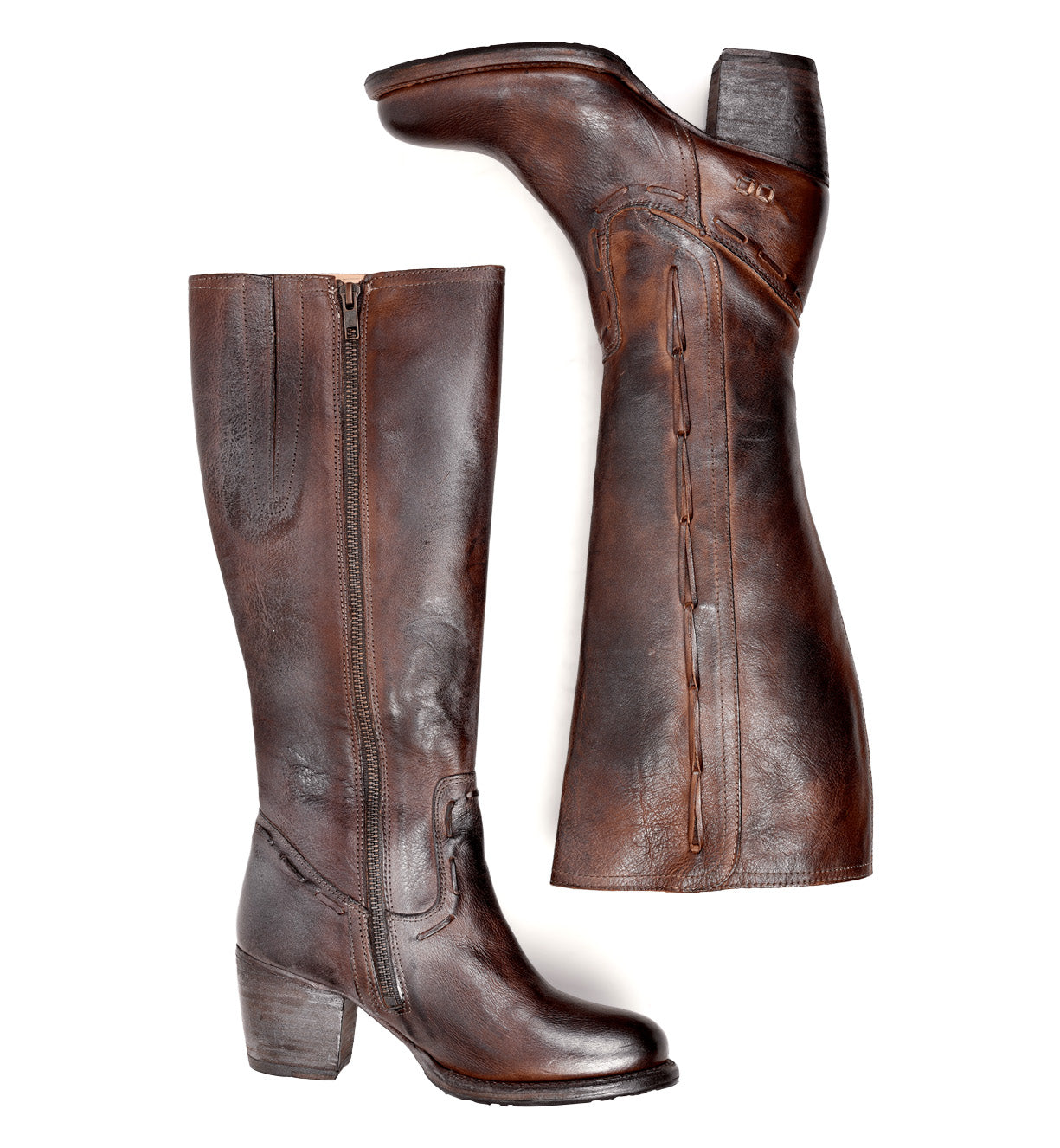 A pair of Fate brown leather boots with a zipper on the side by Bed Stu.