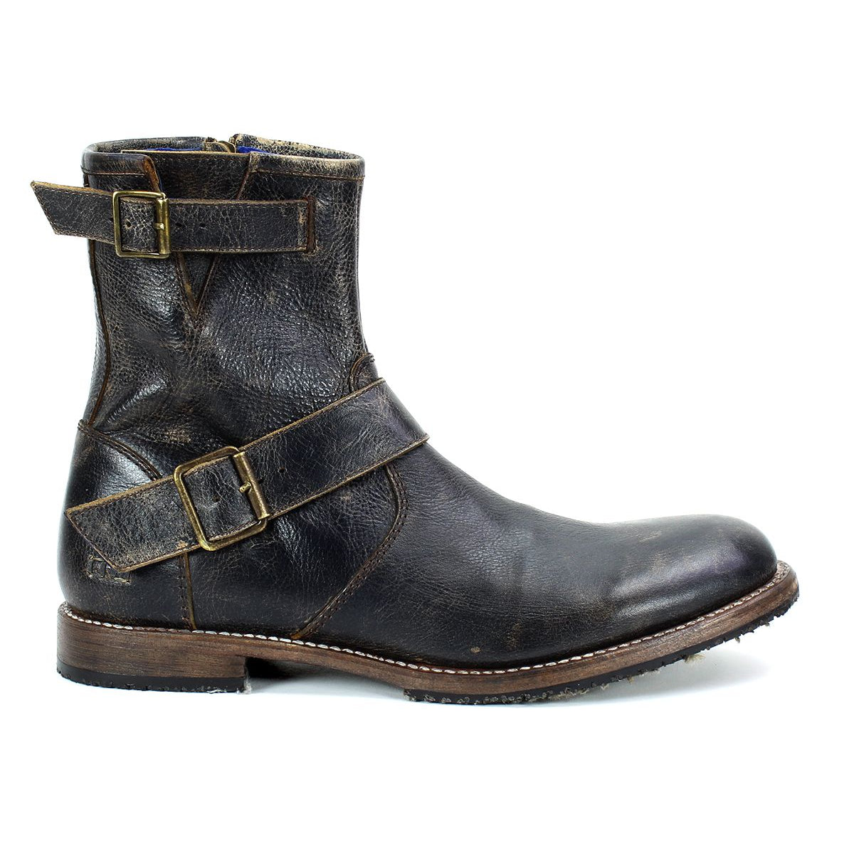 Introducing the Bed Stu Fellow, a rugged dark brown men's leather boot featuring two buckle straps and a low heel, crafted in a moto-inspired style. This side-view highlights its exquisite Goodyear welted construction for durability and timeless appeal.