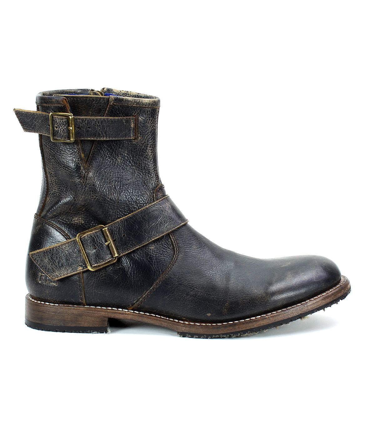 Introducing the Bed Stu Fellow, a rugged dark brown men's leather boot featuring two buckle straps and a low heel, crafted in a moto-inspired style. This side-view highlights its exquisite Goodyear welted construction for durability and timeless appeal.