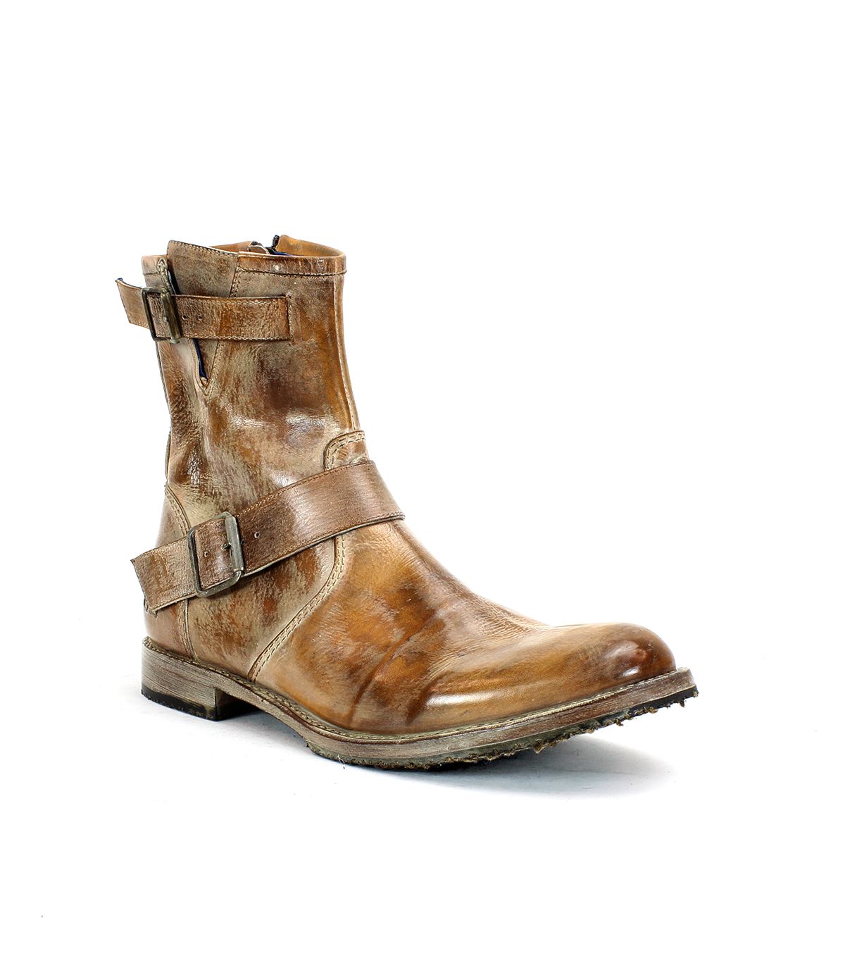 Bed Stu's Fellow boot features a moto-inspired design with two side buckles, a textured sole, and rugged brown leather appeal.