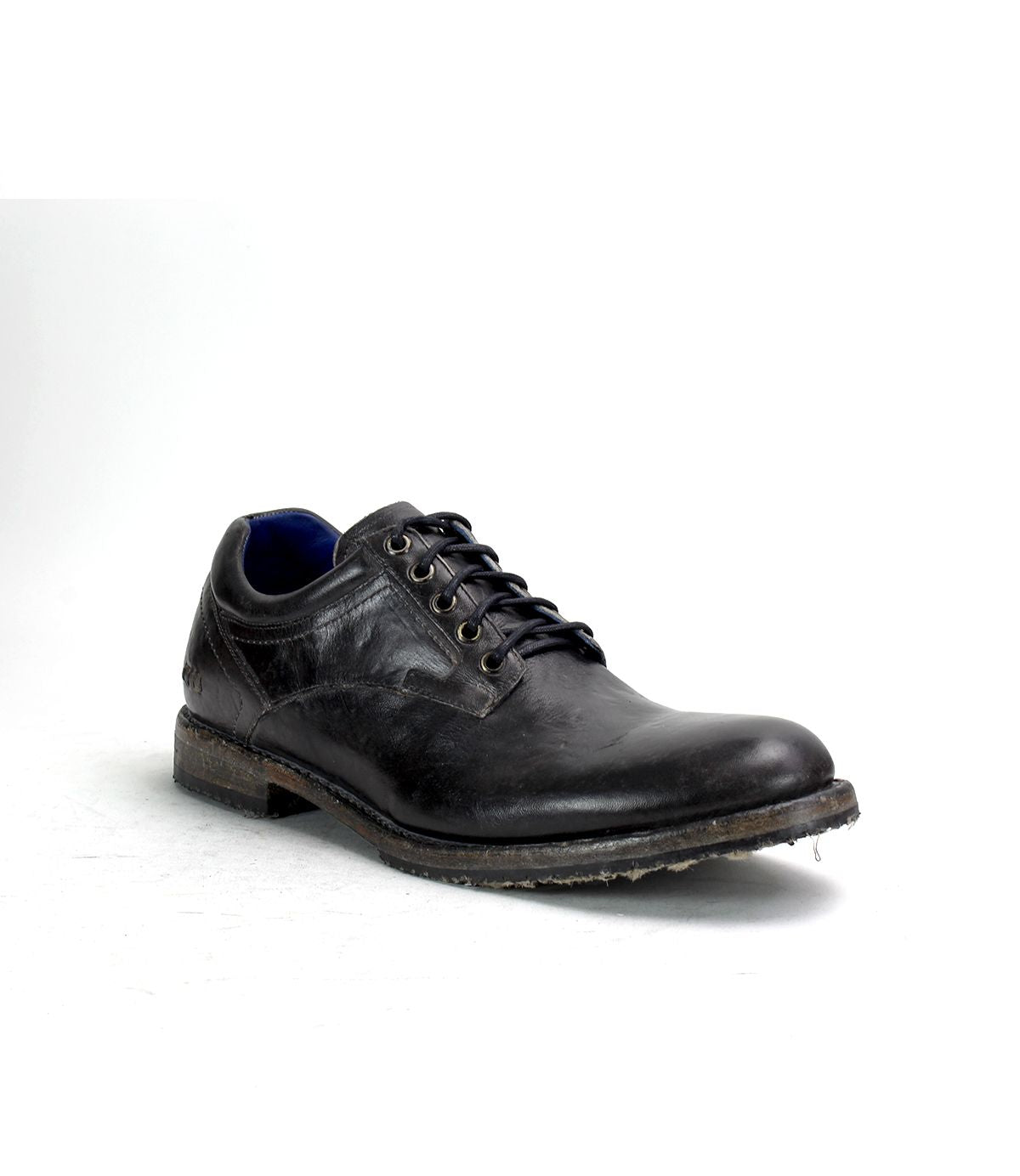The Fierce by Bed Stu is a single men's derby shoe crafted from black leather with laces, showcasing a classic design with modern flair, displayed against a white background.