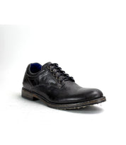 The Fierce by Bed Stu is a single men's derby shoe crafted from black leather with laces, showcasing a classic design with modern flair, displayed against a white background.