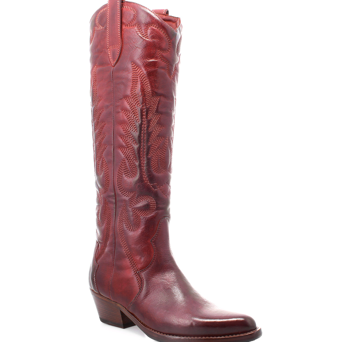 A women's Finito red leather cowboy boot with a distressed finish on a white background, by Bed Stu.