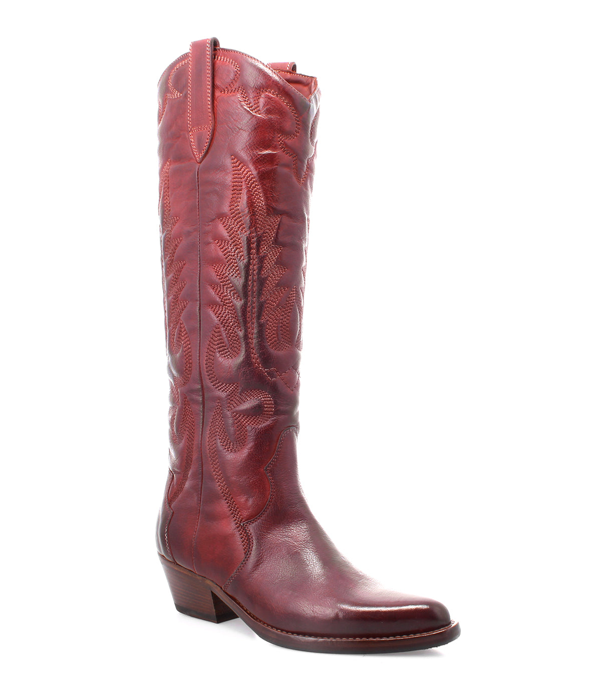A women's Finito red leather cowboy boot with a distressed finish on a white background, by Bed Stu.