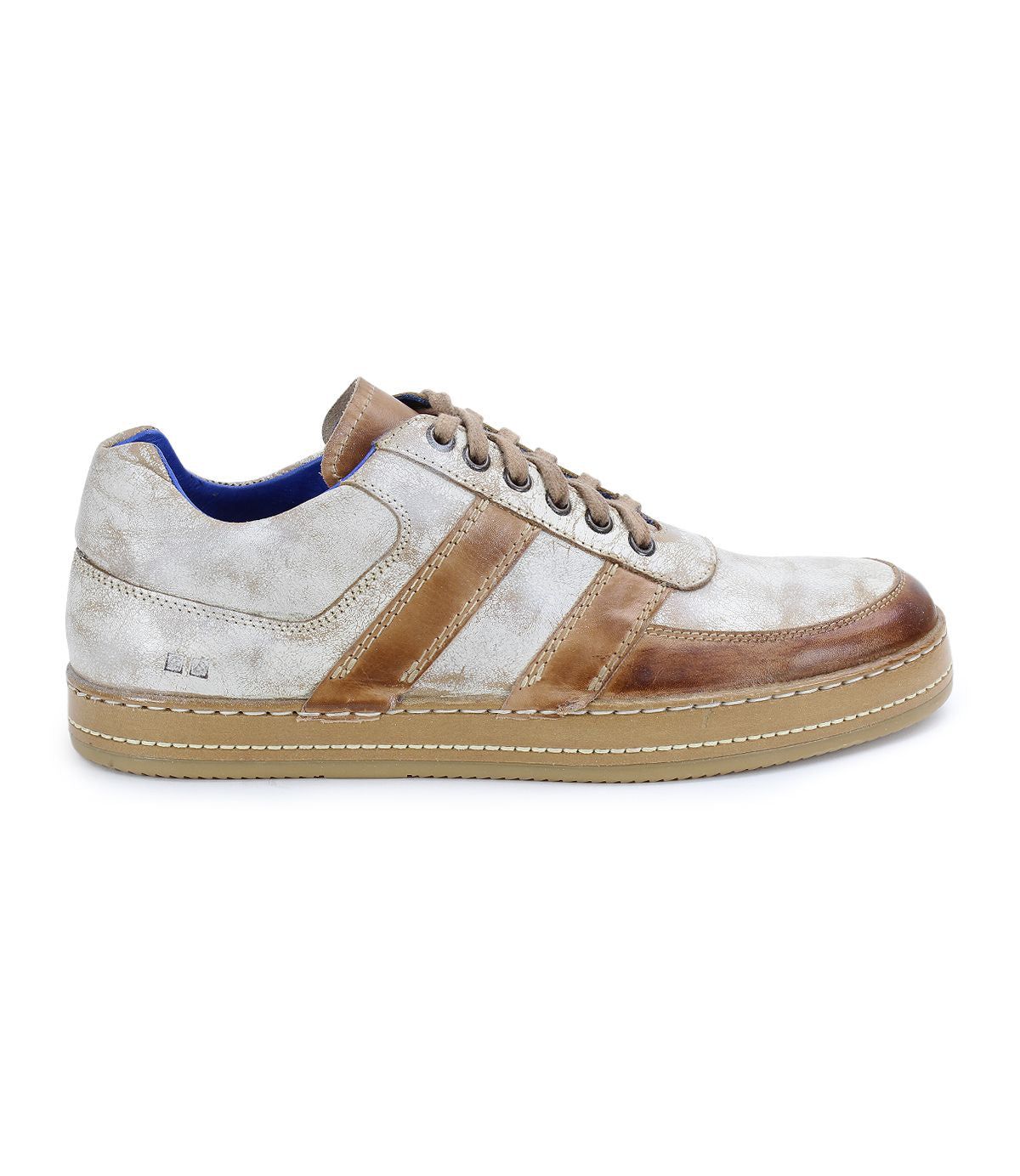 The Bed Stu Firepower men's sneaker combines beige and brown tones, a lace-up closure, flat sole, and subtle leather stripe details for added flair.