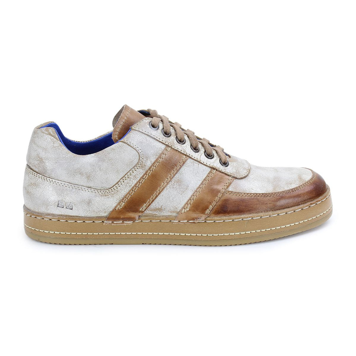 The Bed Stu Firepower men's sneaker combines beige and brown tones, a lace-up closure, flat sole, and subtle leather stripe details for added flair.
