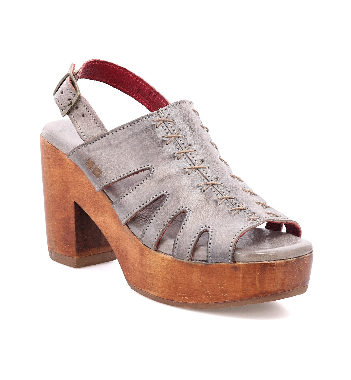 A women's grey platform sandal with wooden heel, the Fontella by Bed Stu.
