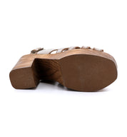 A pair of Bed Stu Fontella wooden sandals on a white background.
