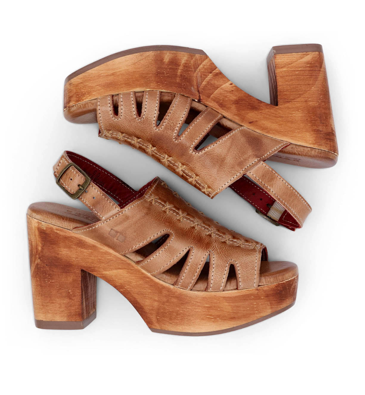 A pair of Bed Stu Fontella women's sandals with a wooden heel.