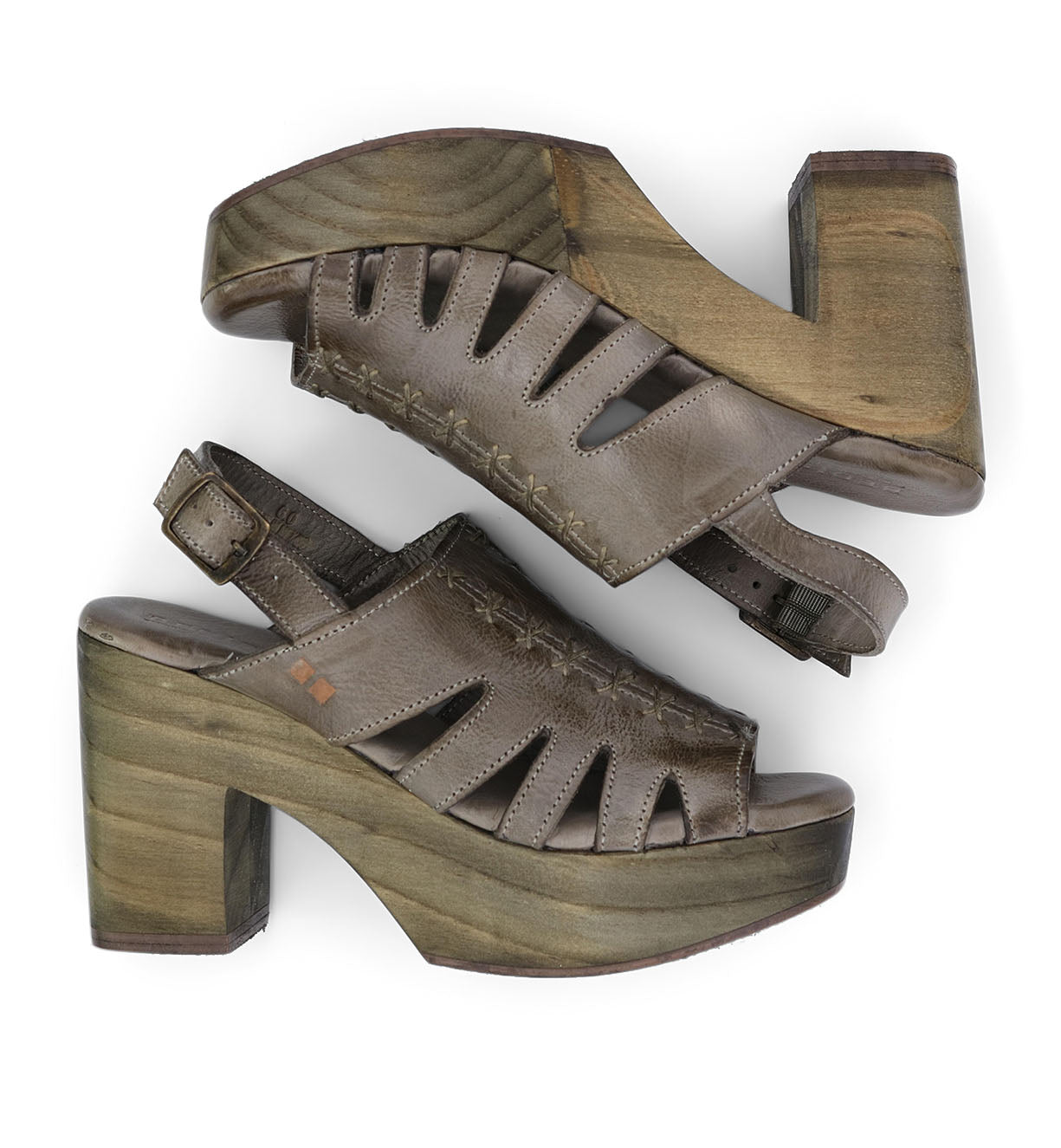 A pair of Bed Stu Fontella women's sandals with a wooden platform.