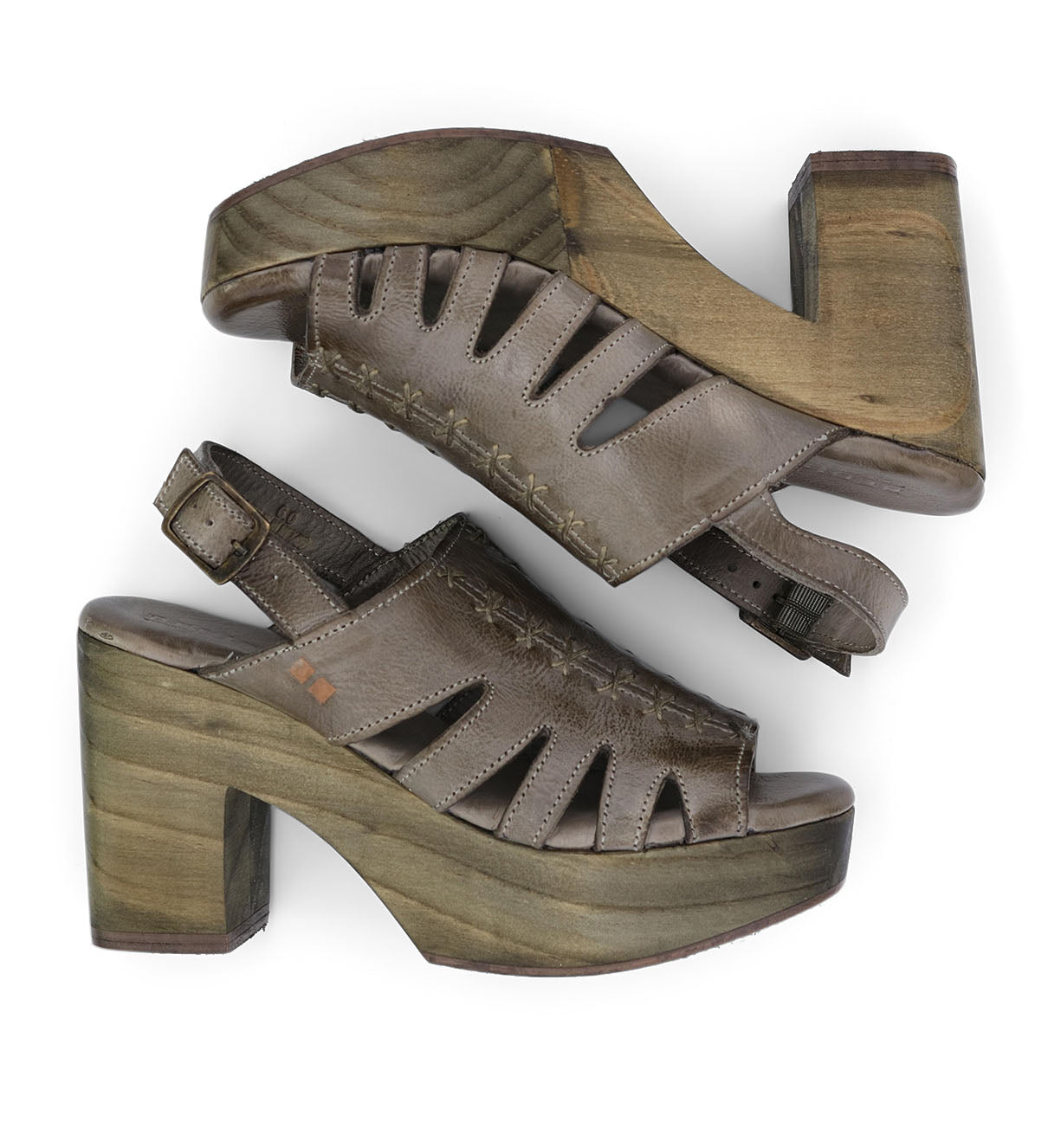 A pair of Bed Stu Fontella women's sandals with a wooden platform.