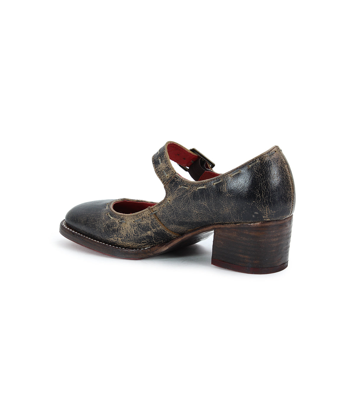 Side view of a weathered, black leather Forefront by Bed Stu featuring a comfortable, chunky heel and an adjustable buckle strap.