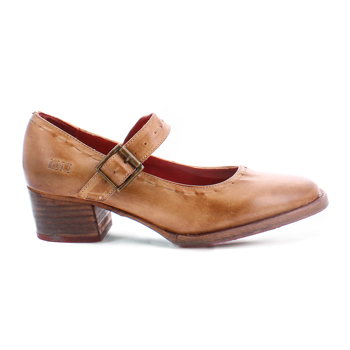 A single tan leather Mary Jane shoe with a low, comfortable heel and an adjustable strap, the Forefront by Bed Stu.