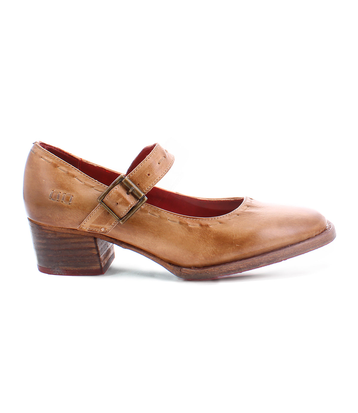 A single tan leather Mary Jane shoe with a low, comfortable heel and an adjustable strap, the Forefront by Bed Stu.