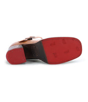 Brown leather Mary Jane shoe with a red sole, featuring an adjustable strap for a secure fit and comfortable heel, showing the bottom view and Bed Stu Forefront.