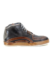 The Bed Stu Formation is a leather high-top sneaker in black, brown, and gray with a vulcanized style. It features a lace-up front and a beige sole.