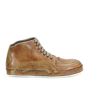 Discover the vulcanized style with Bed Stu's Formation brown leather high-top sneaker. It features a lace-up closure, detailed stitching, and a sleek white rubber sole.