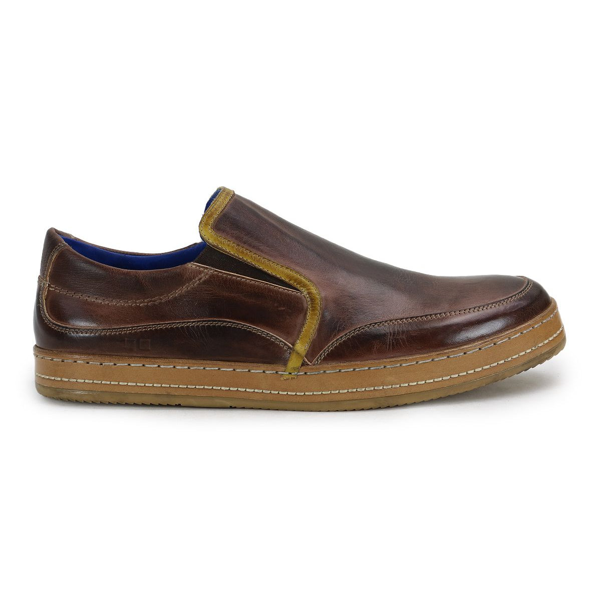 Introducing the Freestyle by Bed Stu, a brown leather slip-on shoe with a tan rubber sole and yellow trim. This side profile view showcases its casual sophistication, highlighted by the meticulous leather detailing.