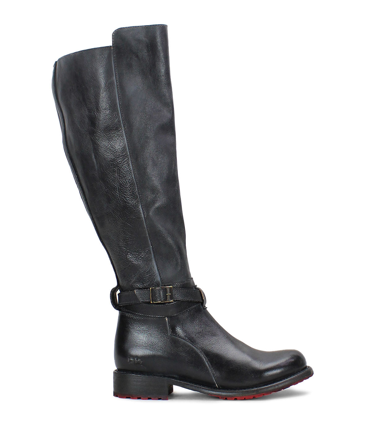 A women's black leather Bristol Wide Calf boot with a red sole by Bed Stu.