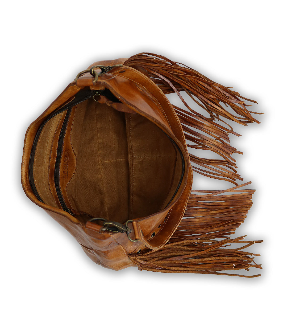 The inside of a Bed Stu vintage-inspired brown leather bag with fringes.