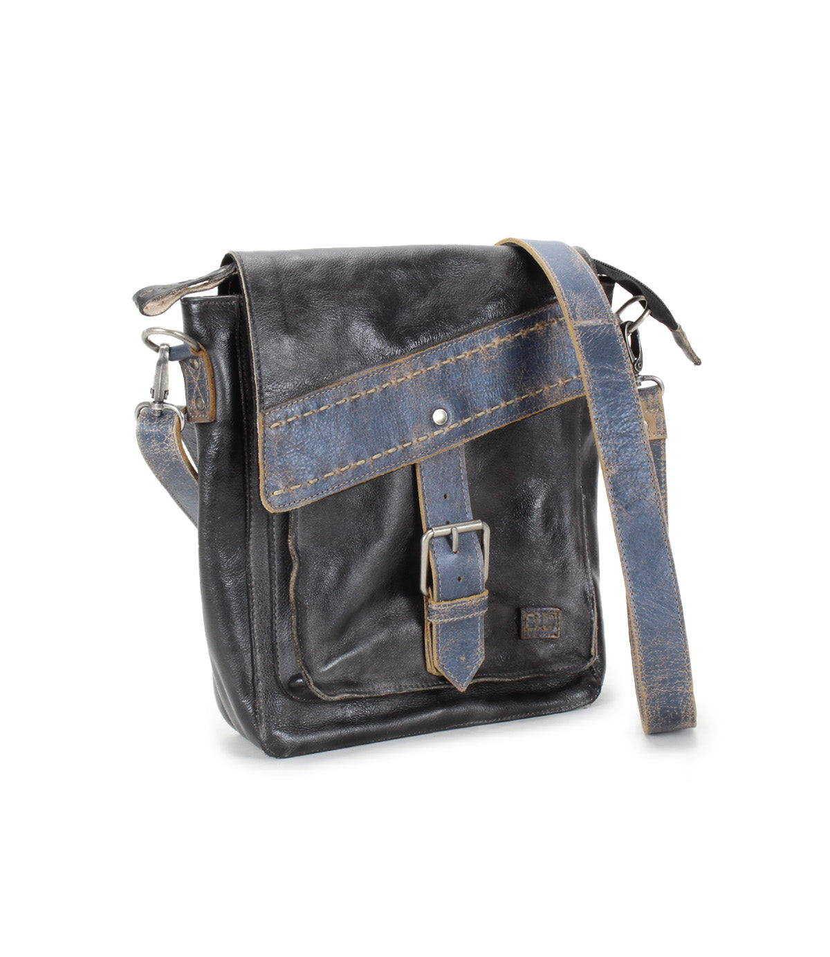 A Bed Stu Ainhoa black leather messenger bag with an adjustable strap.