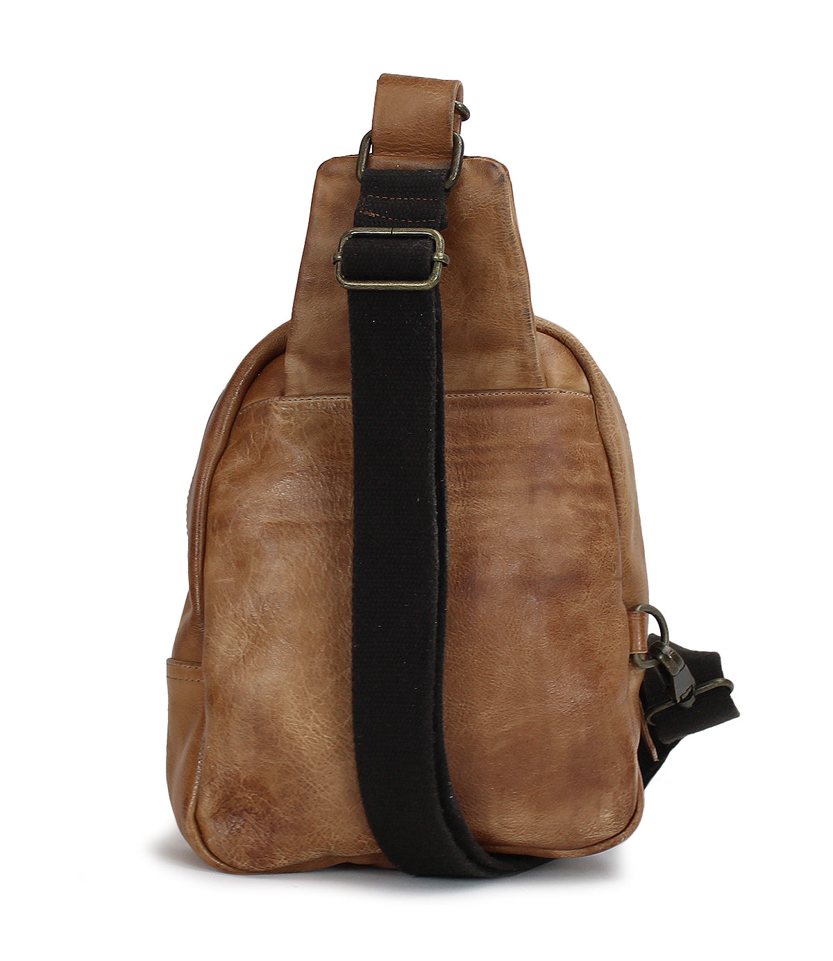 A Beau brown leather sling bag with black straps by Bed Stu.