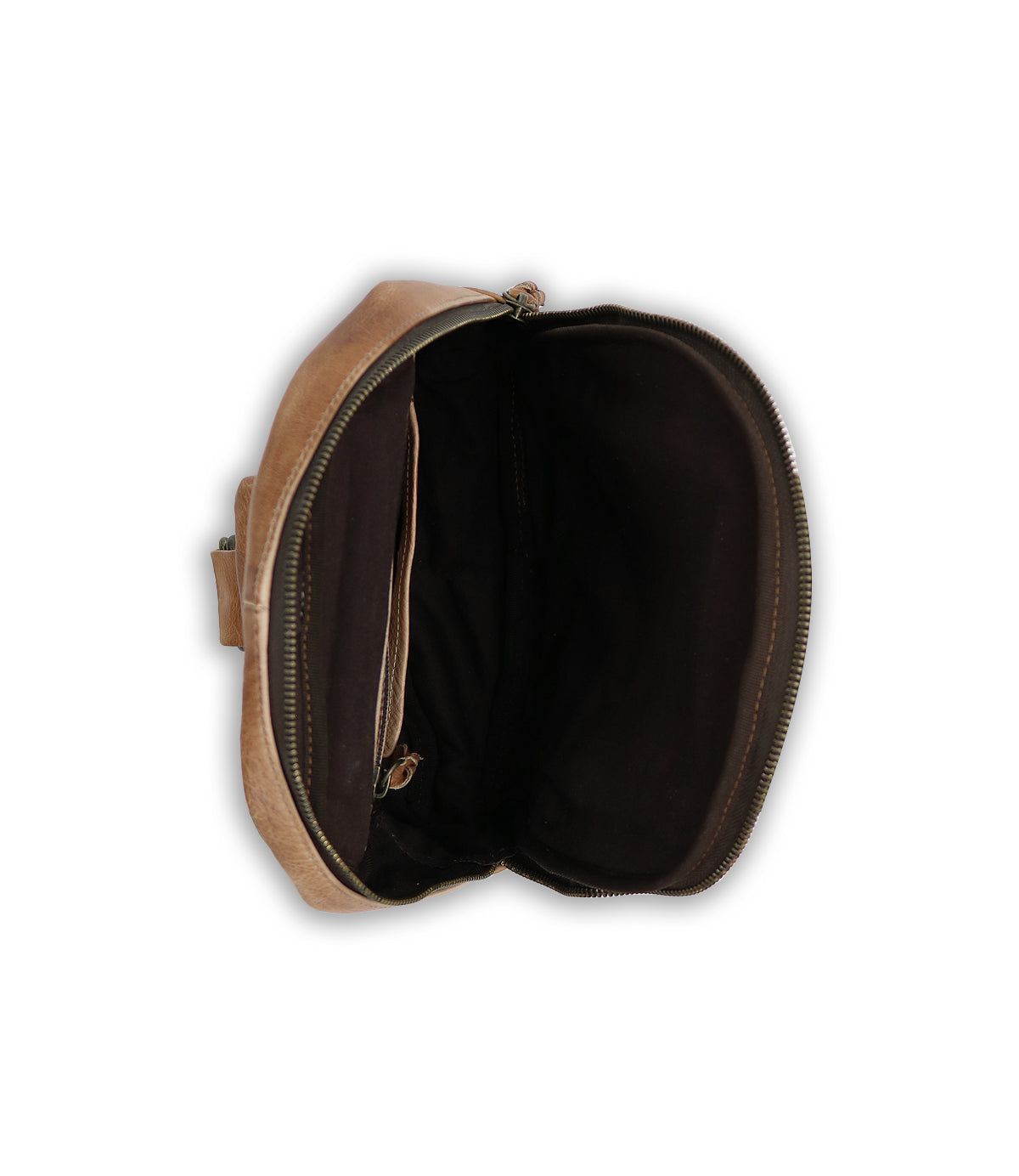 The inside of a Beau bag with a zipper, from the brand Bed Stu.