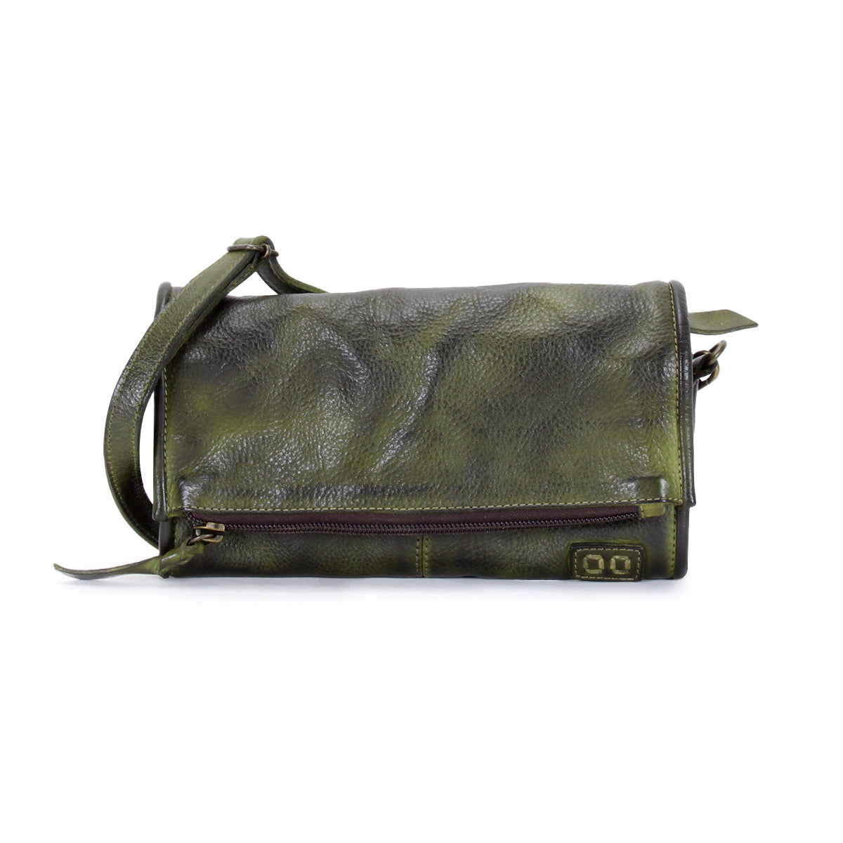 An Amina by Bed Stu, a green leather cross body bag with a zipper.