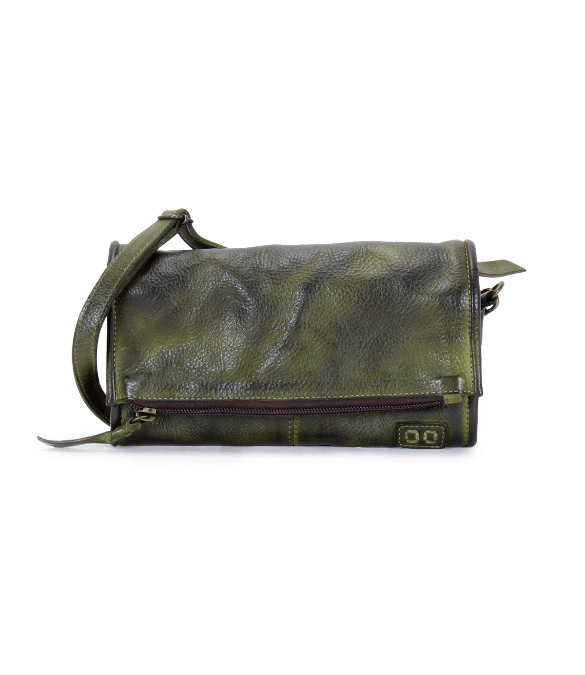 An Amina by Bed Stu, a green leather cross body bag with a zipper.