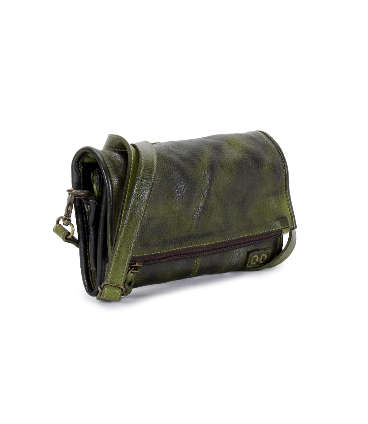 A green leather Amina cross body bag by Bed Stu with a zipper.
