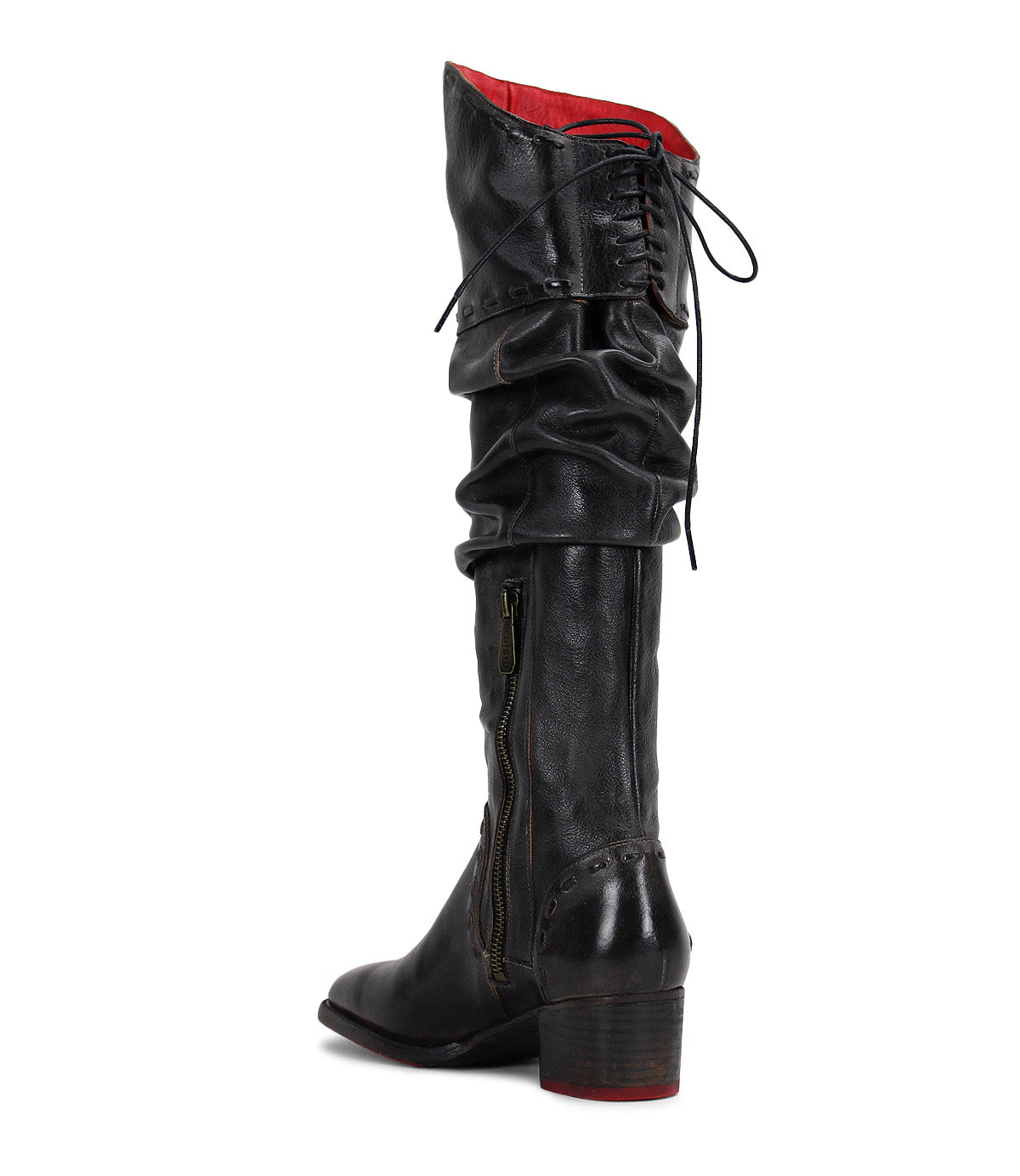 A woman's black Leilani over the knee boots with red detailing by Bed Stu.