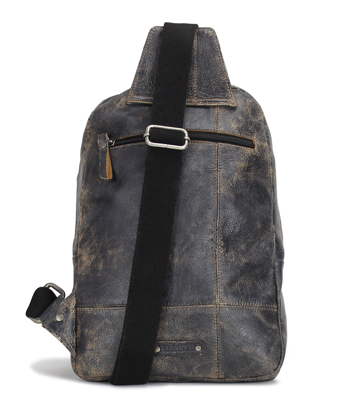 A black leather Boss backpack with a strap, made by Bed Stu.