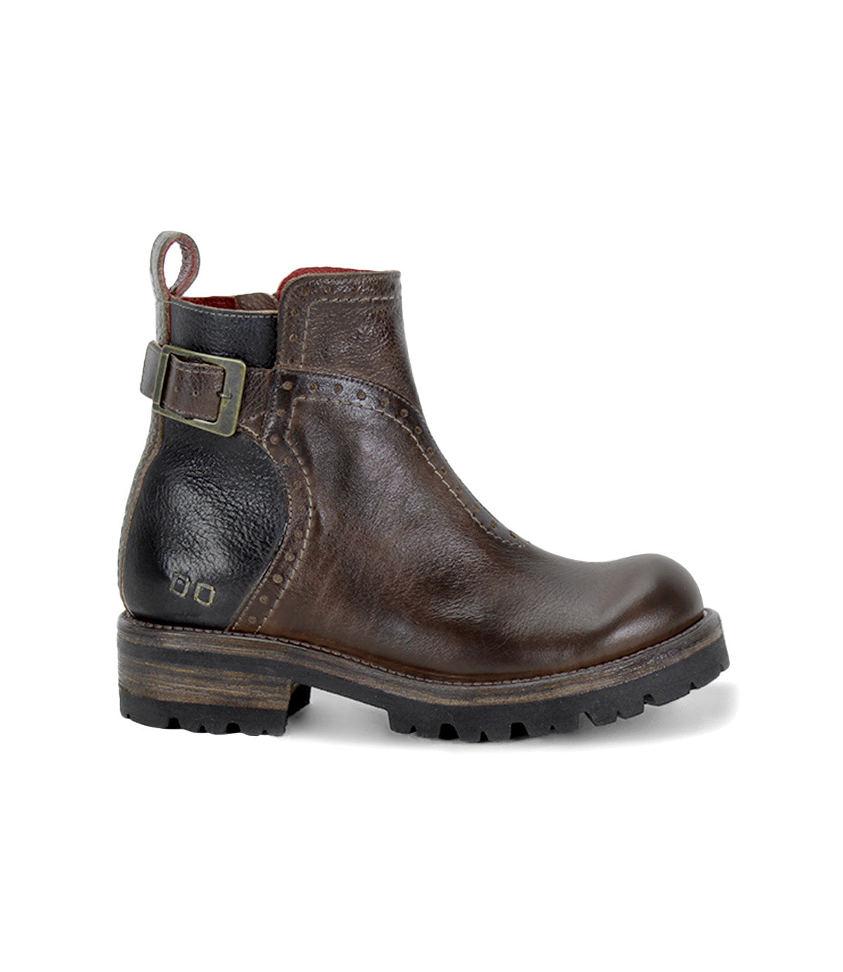 Women's brown leather ankle boots with buckles, called the Brianna by Bed Stu.