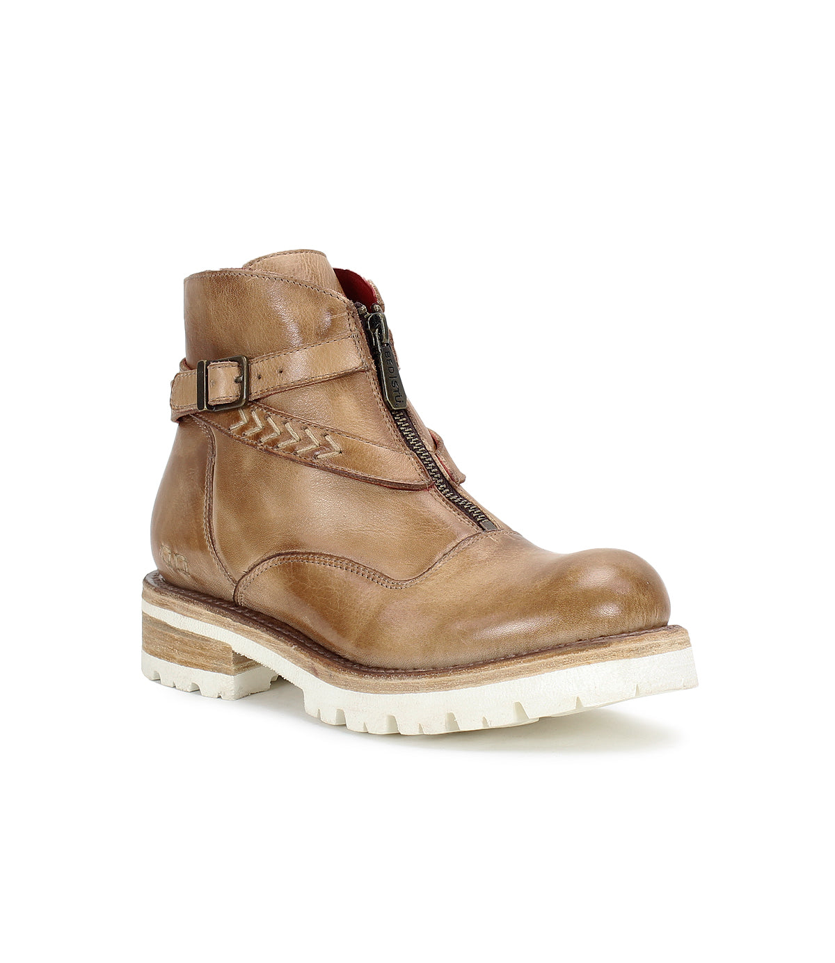 A women's tan leather ankle boot with a zipper called Dessa by Bed Stu.