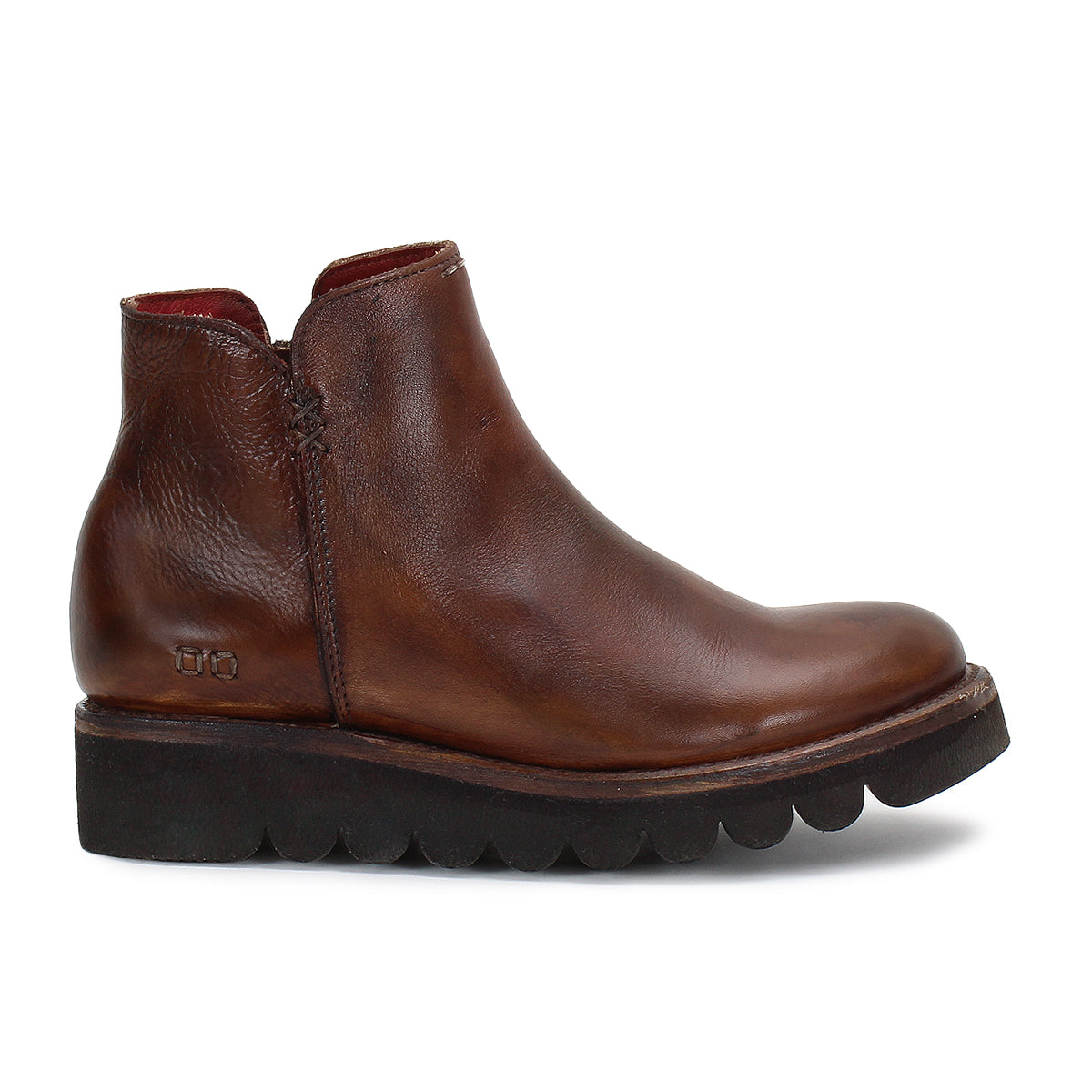 A brown leather Lydyi ankle boot with a zipper on the side by Bed Stu.