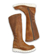 A pair of women's Yoko boot with a white sole by Bed Stu.