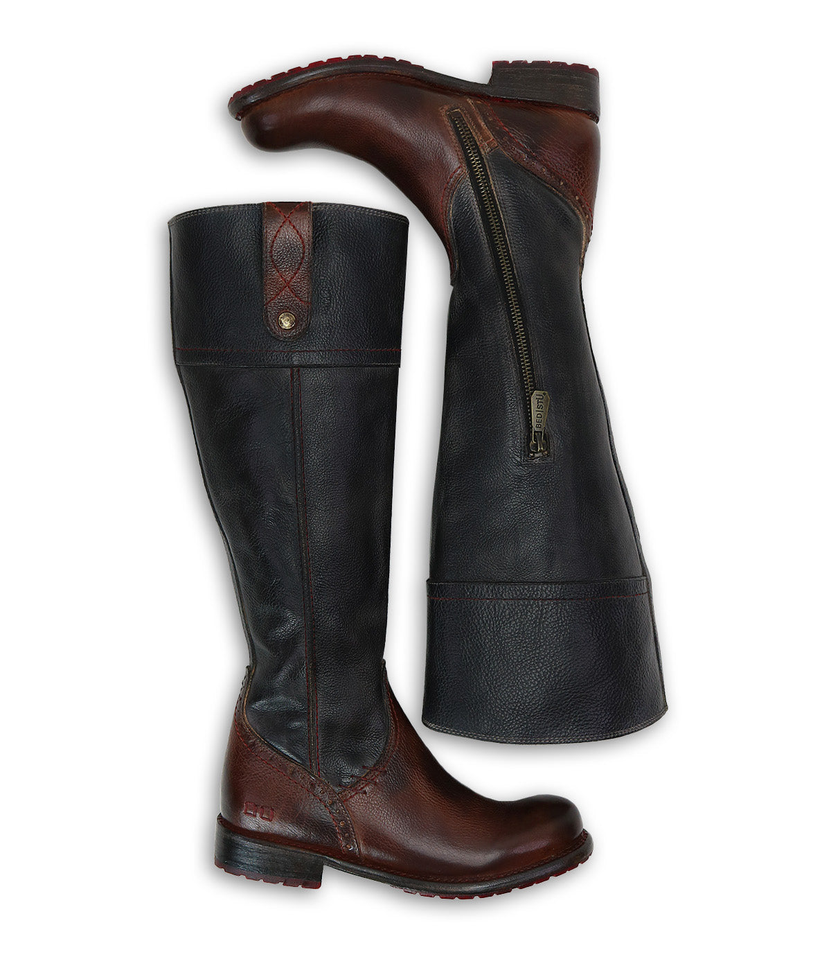 A pair of Bed Stu Jacqueline Wide Calf riding boots in brown and black.
