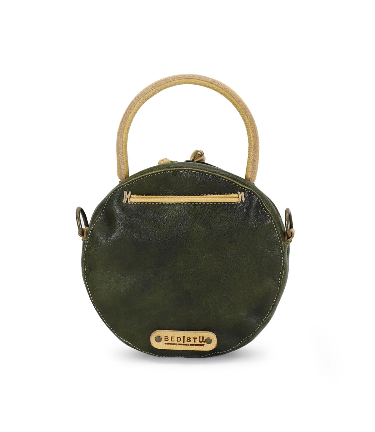 A Bed Stu Arenfield green leather handbag with a gold handle.